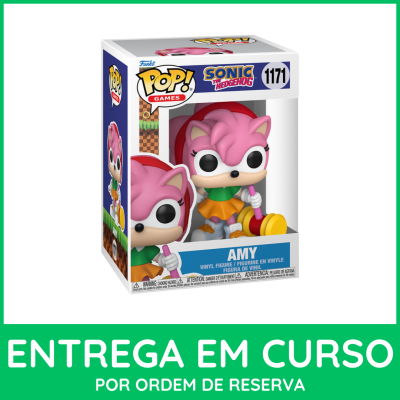 Funko Pop personagem Amy Sonic the Hedgehog caixa com texto entrega em curso