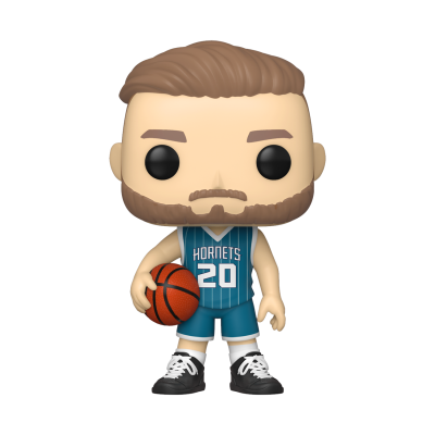 Figura Funko Pop de jogador de basquetebol com camisola azul e bola de basquetebol