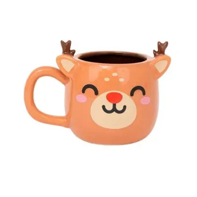 Caneca de cerâmica laranja com desenho de rosto de rena.
