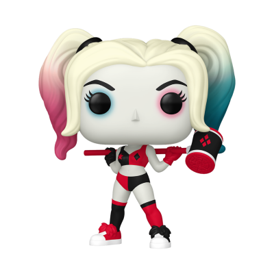 Figura Funko Pop da Harley Quinn com cabelo loiro, roupa preta, vermelha e branca, segurando martelo preto e vermelho