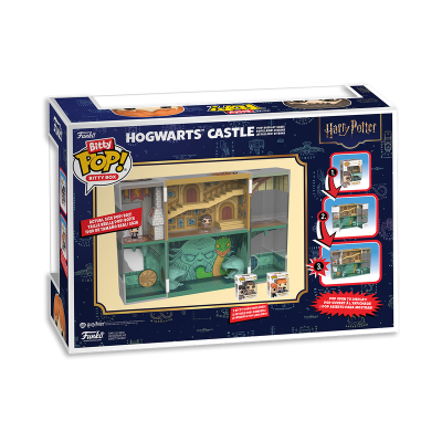 Caixa de brinquedo Funko Britey Pop! Harry Potter Hogwarts Castle em azul e bege.