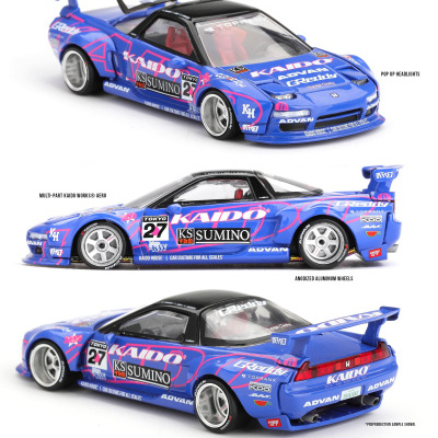 Miniatura de carro Honda NSX azul com decoração Kaido House e adesivos