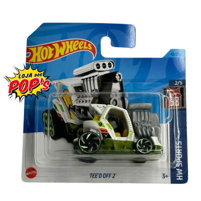 Miniatura carro Hot Wheels Tee'd Off 2 branco, verde, preto, embalagem com fundo azul