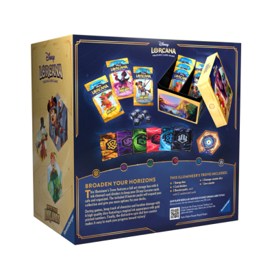 Caixa do jogo Disney Lorcana com cartas, dados e acessórios em fundo azul