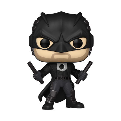 Figura Funko Pop de personagem com capacete preto e roupa cinza e preta segurando dois bastões