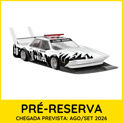 Carro de polícia de brinquedo branco e preto com texto pré-reserva.