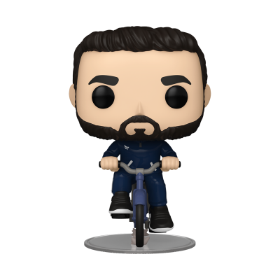 Figura Funko Pop de homem com barba numa bicicleta azul