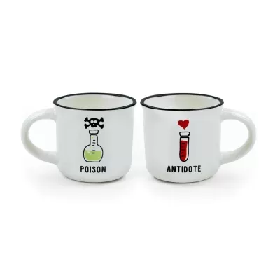 Duas canecas brancas com bordas pretas, com desenhos de frascos e texto em inglês.