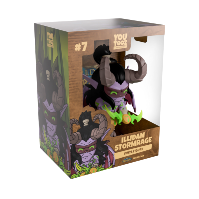 Caixa transparente com figura em vinil Illidan Stormrage roxo e verde