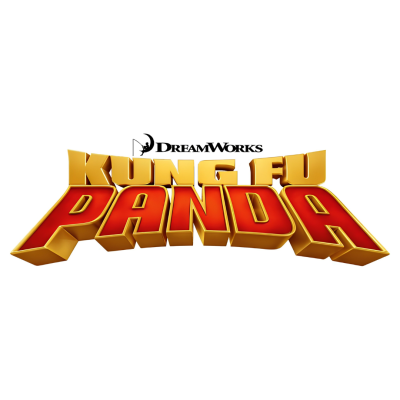 Logótipo 3D dourado e vermelho com KUNG FU PANDA e DREAMWORKS preto acima