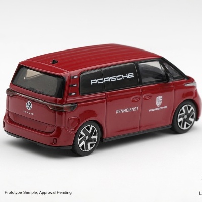 Miniatura de carrinha Volkswagen ID Buzz vermelha com textos Porsche nas janelas