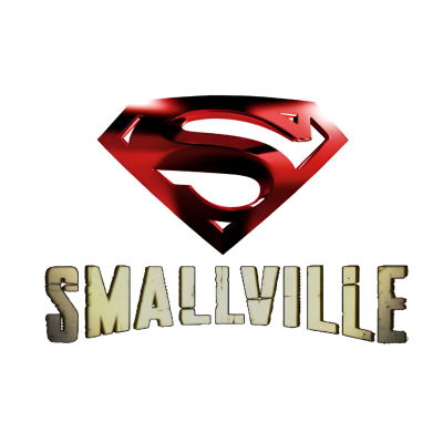 Símbolo S vermelho brilhante com texto SMALLVILLE em letras envelhecidas abaixo