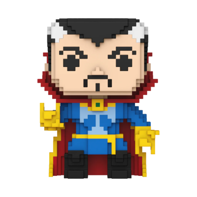 Figura vinil pixelada de personagem com capa vermelha e camisa azul