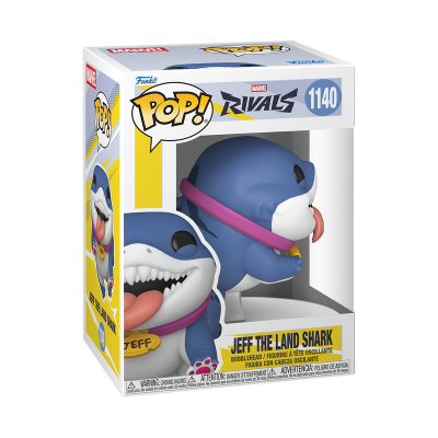 Figura colecionável Pop! Jeff the Land Shark azul com coleira rosa na caixa