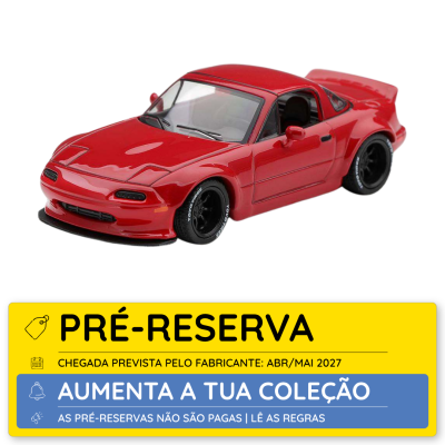 Miniatura de carro vermelho em fundo branco com etiqueta de pré-reserva em português