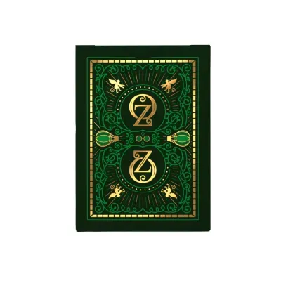 Caixa de cartas de baralho verde escuro com detalhes dourados e símbolos OZ
