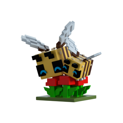 Figurinhas de abelhas em blocos sobre flores vermelhas, base verde