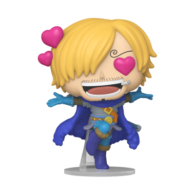 Figura colecionável de personagem com olhos de coração e roupa azul e roxa