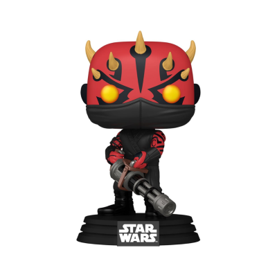 Figura Funko Pop Darth Maul de Star Wars em vinil com armas e base preta.