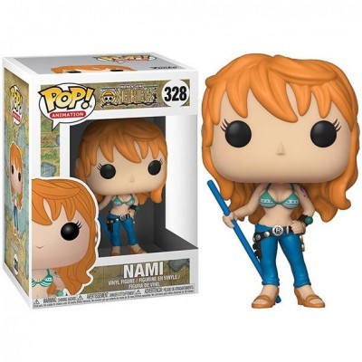 Funko Pop da personagem Nami de One Piece com cabelo laranja e vara azul