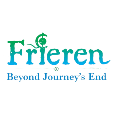 Logotipo com o texto Frieren Beyond Journeys End em azul e verde com detalhe gráfico.