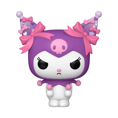 Figura Funko Pop roxa e branca com laços cor-de-rosa e caveira