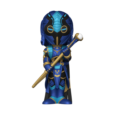 Figura colecionável Funko Pop com armadura azul, preta e dourada segurando bastão
