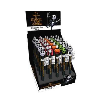 Expositor com canetas de gel apagáveis The Nightmare Before Christmas com personagens na tampa