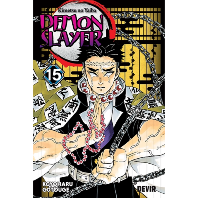 Capa do livro manga Demon Slayer volume 15 com personagem masculino em pose de meditação