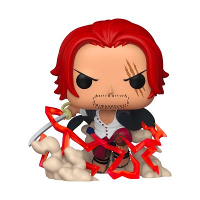 Figura colecionável Funko Pop com cabelo e detalhes vermelhos segurando espada e elementos de relâmpago.