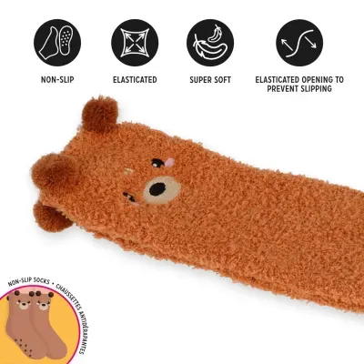 Meia castanha felpuda com padrão de urso e texturas antiderrapantes