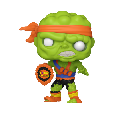 Boneco colecionável Funko Pop verde com bandana e escudo laranja