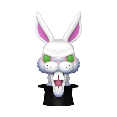 Figura Funko Pop do Coelho branco com orelhas rosas e cartola preta.