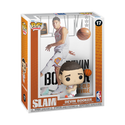 Figura Funko Pop! de Devin Booker com bola de basquetebol na mão, dentro de caixa com design branco e laranja.