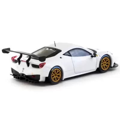 Miniatura de carro desportivo branco com jantes douradas e spoiler preto.