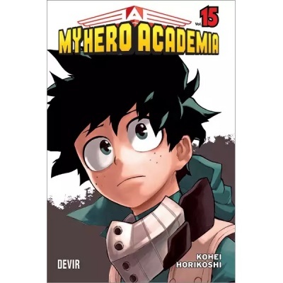 Capa do manga My Hero Academia volume 15 com personagem principal de cabelo preto e roupa verde e bege
