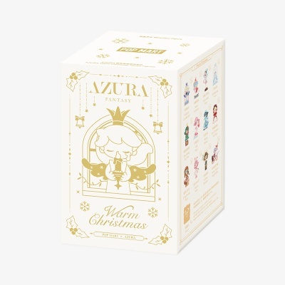 Caixa branca de coleção AZURA FANTASY Warm Christmas com desenho dourado e lista de figuras coloridas ao lado