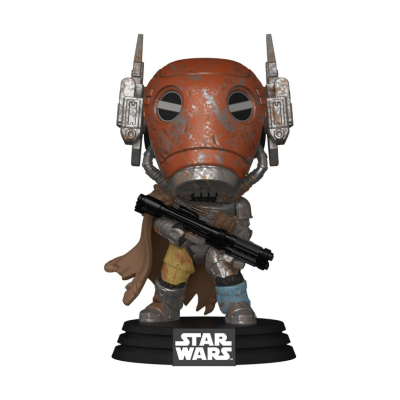 Figura Funko Pop Star Wars com capacete laranja, roupa colorida e arma preta sobre base preta com logo STAR WARS