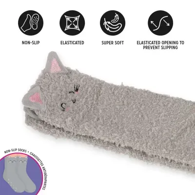 Meias cinzentas com cara de gato e etiquetas de características