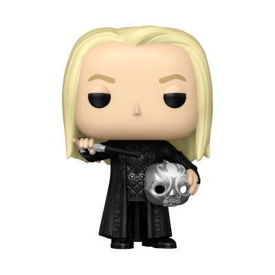 Figura Funko Pop de personagem com capa preta, cabelo loiro, varinha e máscara prateada