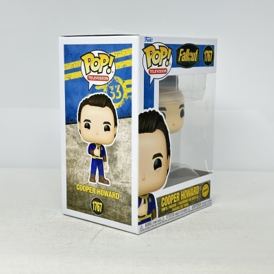 Embalagem de figura Funko Pop! Cooper Howard da série Fallout em azul, amarelo e branco.