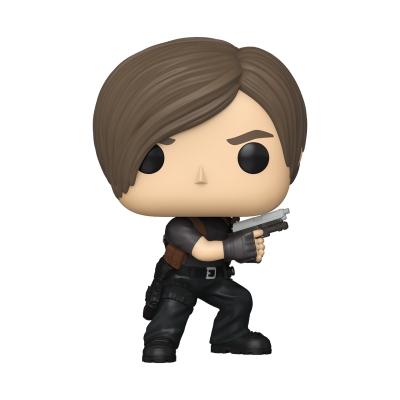 Figura Funko Pop de personagem com cabelo castanho e roupa preta segurando uma arma