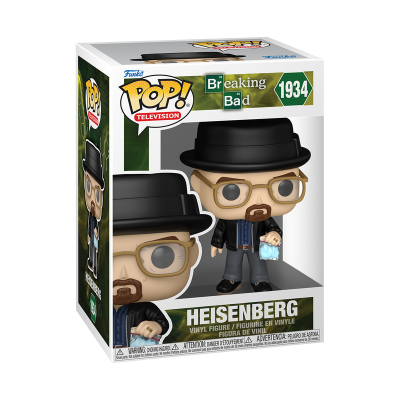 Figurine Funko Pop Heisenberg de vinil com chapéu preto e óculos, em caixa de embalagem da série Breaking Bad