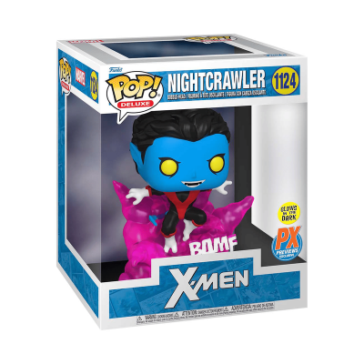 Figura Pop! Deluxe Nightcrawler dos X-Men numa caixa com base cor-de-rosa translúcida