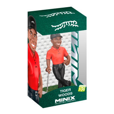 Figura colecionável Tiger Woods em miniatura com roupa vermelha e preta dentro de caixa verde e branca