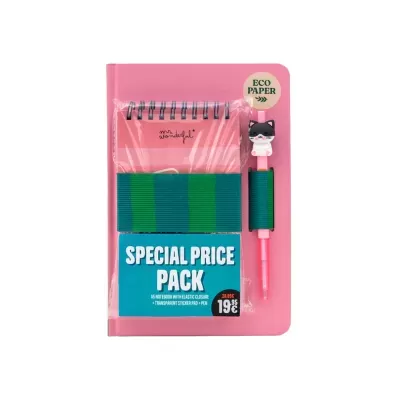 Conjunto de caderno, bloco de notas e caneta em embalagem rosa com fecho elástico verde e azul