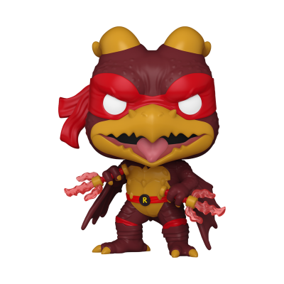 Figurinha colecionável de criatura com faixa vermelha nos olhos e armas vermelhas translúcidas