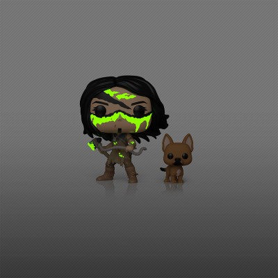 Bonecos Funko Pop colecionáveis de um humano com manchas verdes e um cão castanho