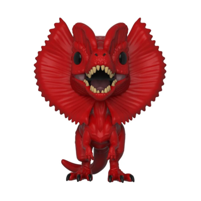 Figura colecionável vermelha de dinossauro com crista expandida e dentes visíveis