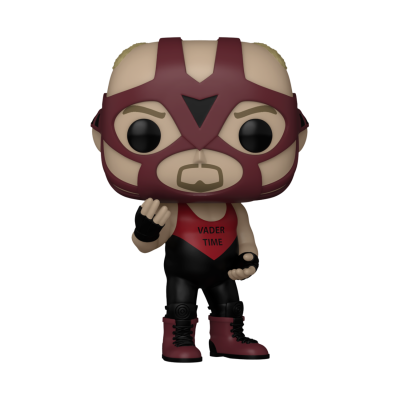 Figura colecionável Funko Pop de wrestler com máscara vermelha e preta e camisa vermelha com texto VADER TIME